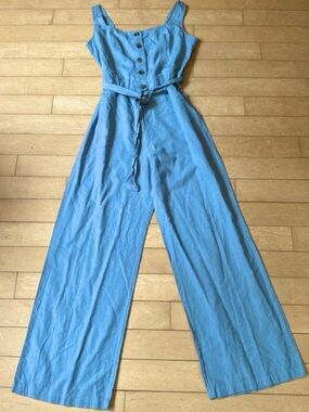 Japna Sky Blue Wide-Leg Button Front Jumpsuit with Tie Waist